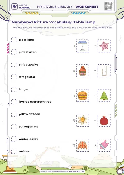 Numbered Picture Vocabulary: Table lamp