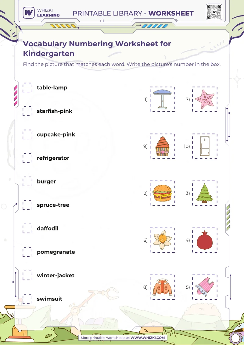 Vocabulary Numbering Worksheet for Kindergarten