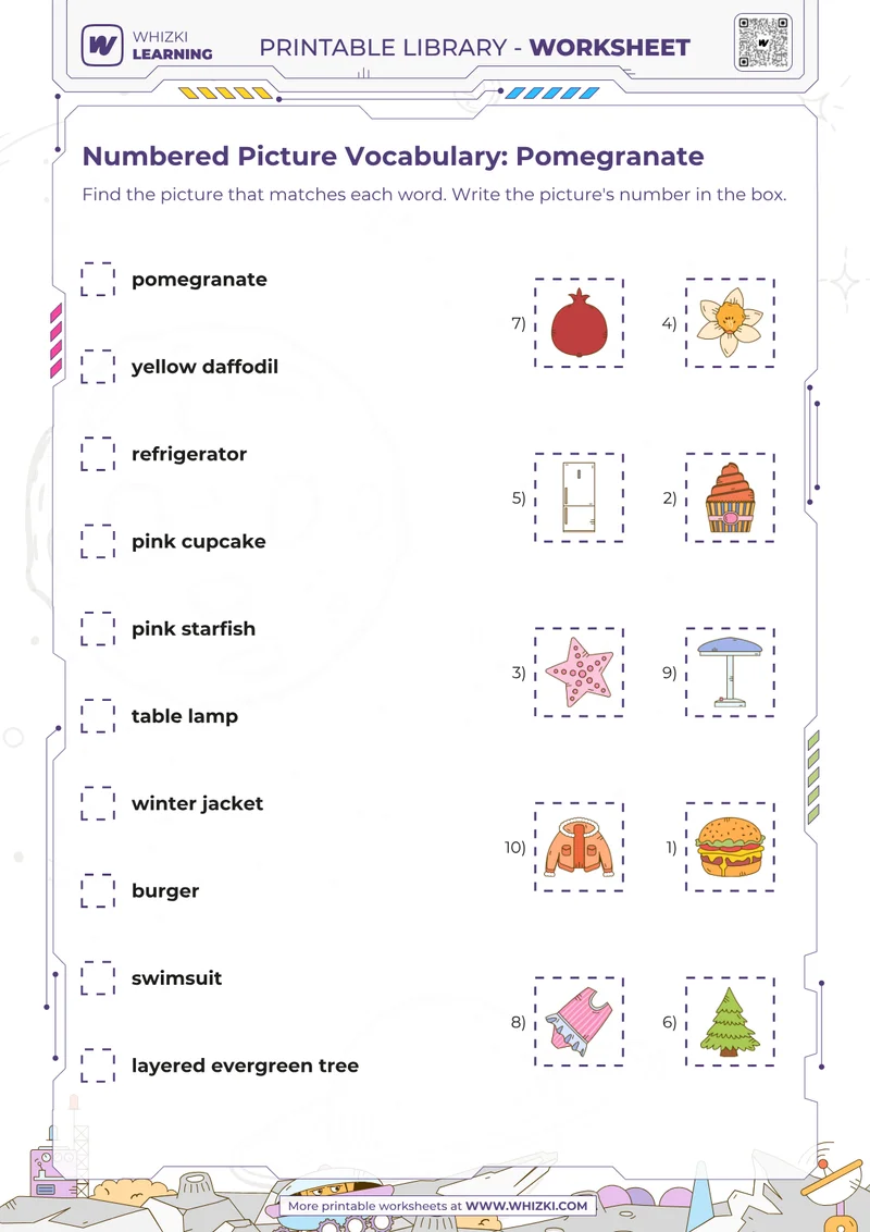 Numbered Picture Vocabulary: Pomegranate