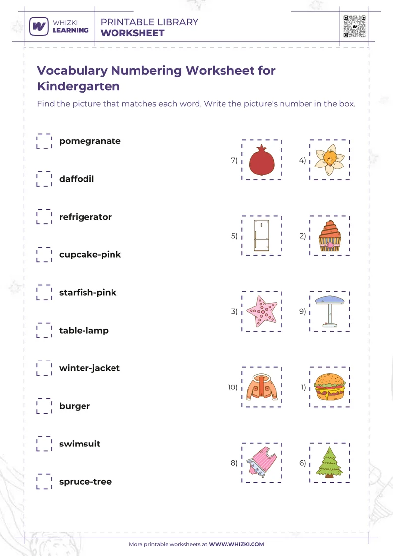 Vocabulary Numbering Worksheet for Kindergarten