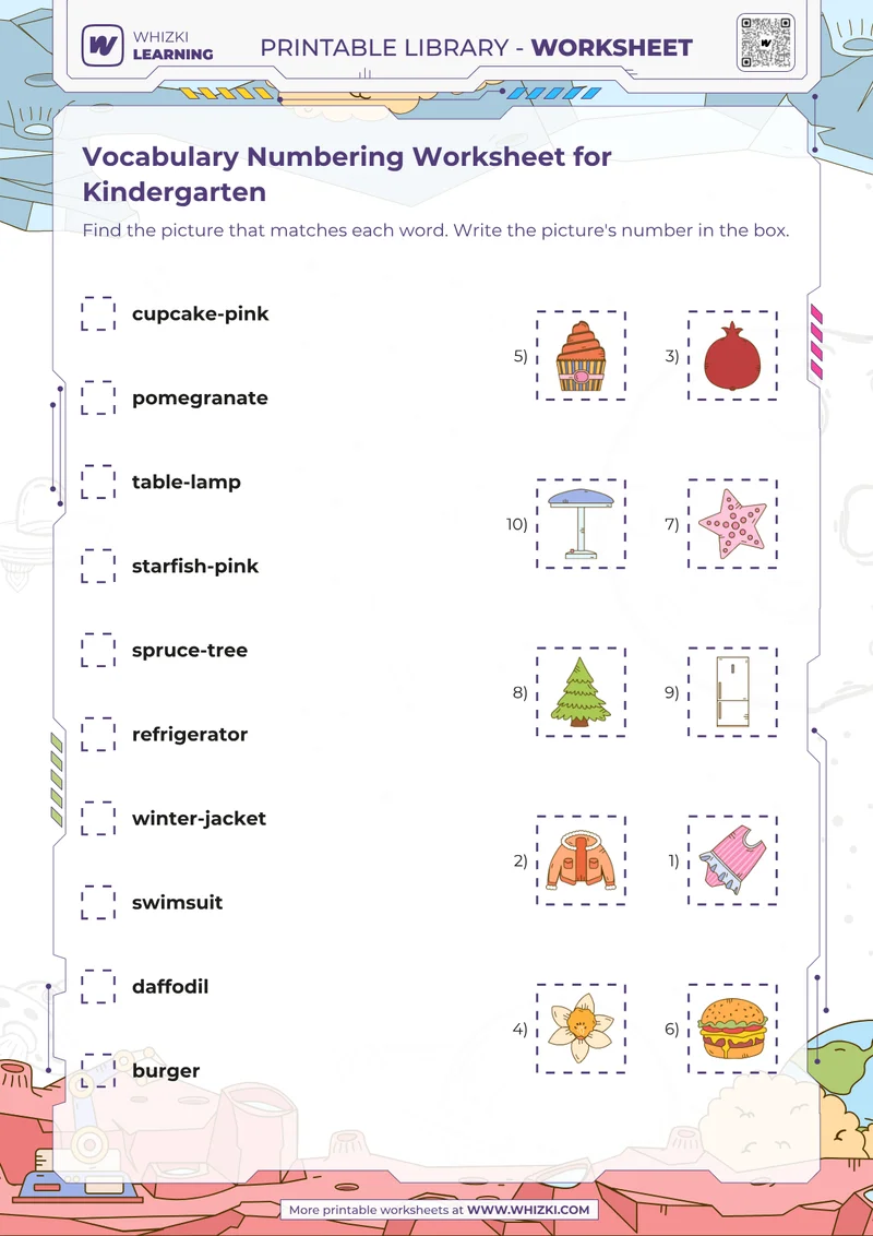 Vocabulary Numbering Worksheet for Kindergarten