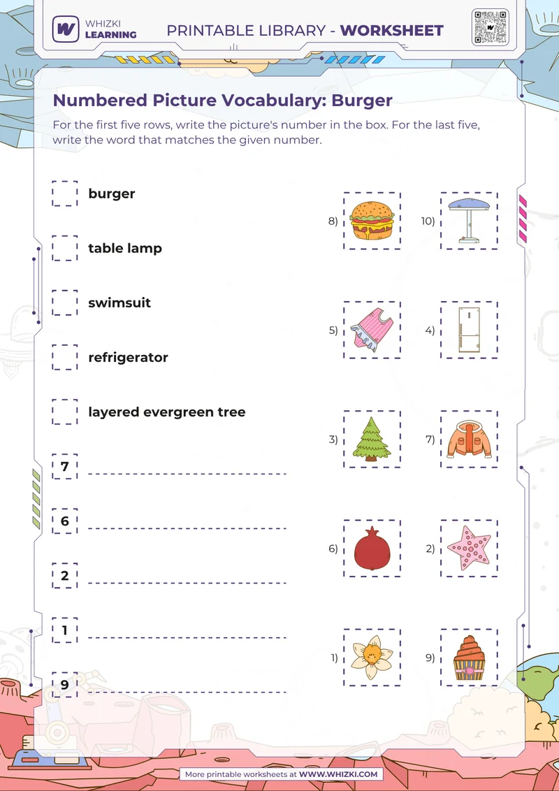 Numbered Picture Vocabulary: Burger