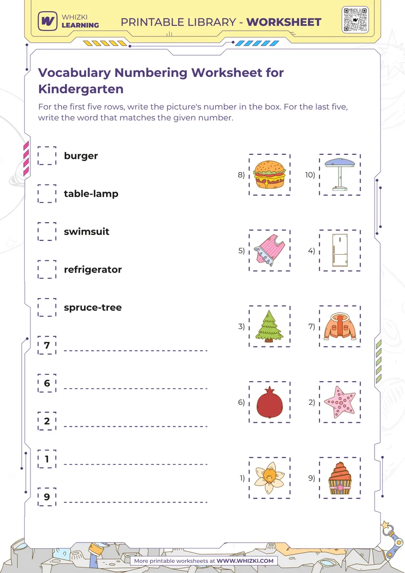 Vocabulary Numbering Worksheet for Kindergarten