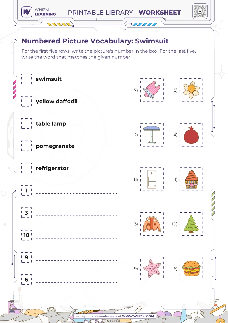 Numbered Picture Vocabulary: Swimsuit