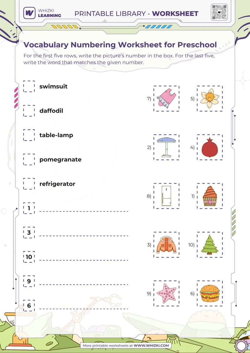 Vocabulary Numbering Worksheet for Preschool