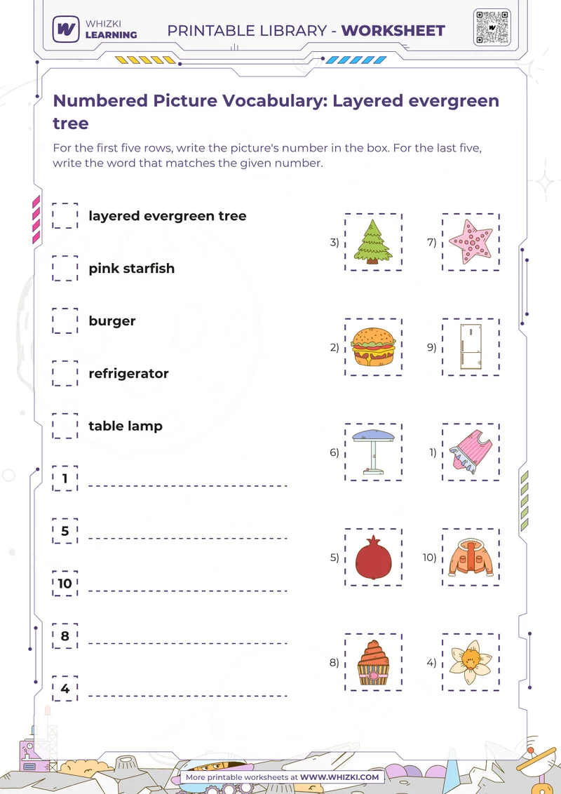 Numbered Picture Vocabulary: Layered evergreen tree