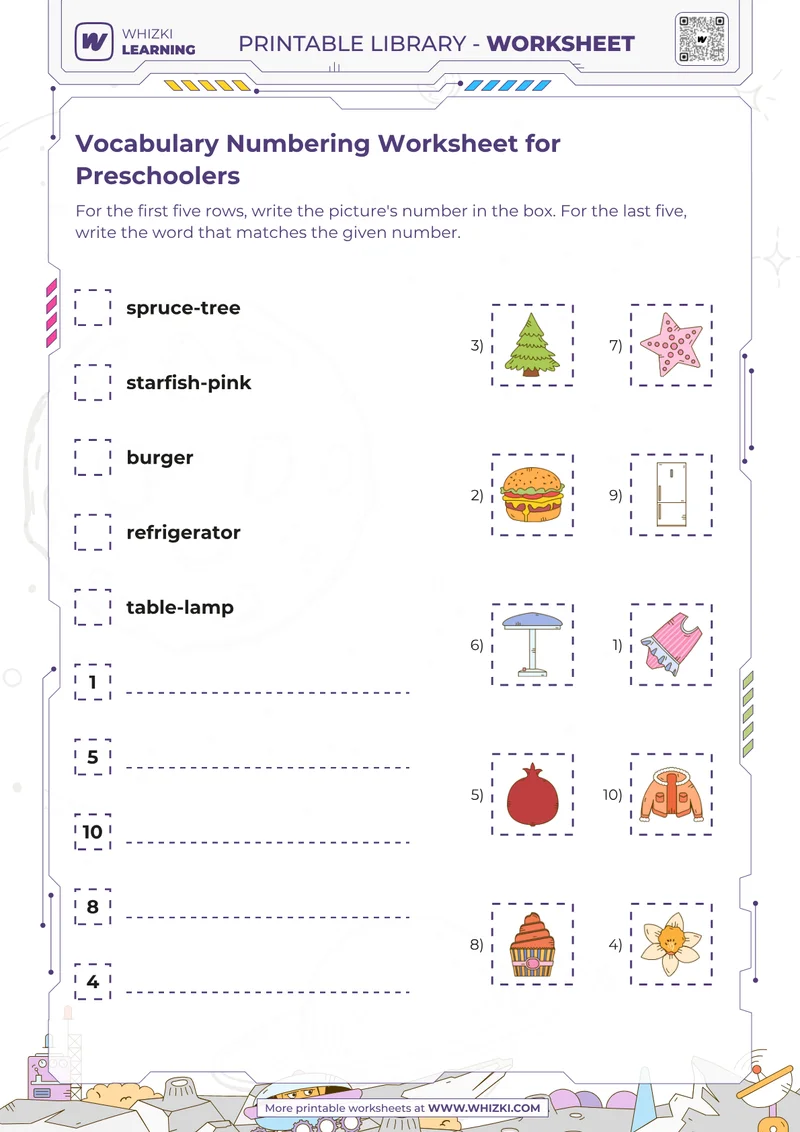 Vocabulary Numbering Worksheet for Preschoolers