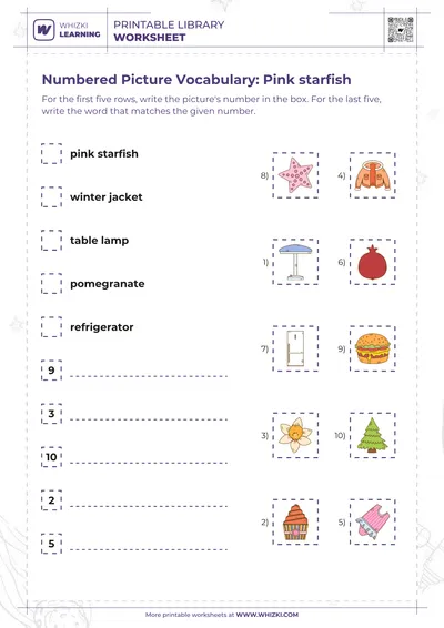 Numbered Picture Vocabulary: Pink starfish