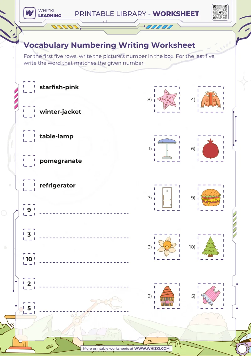 Vocabulary Numbering Writing Worksheet