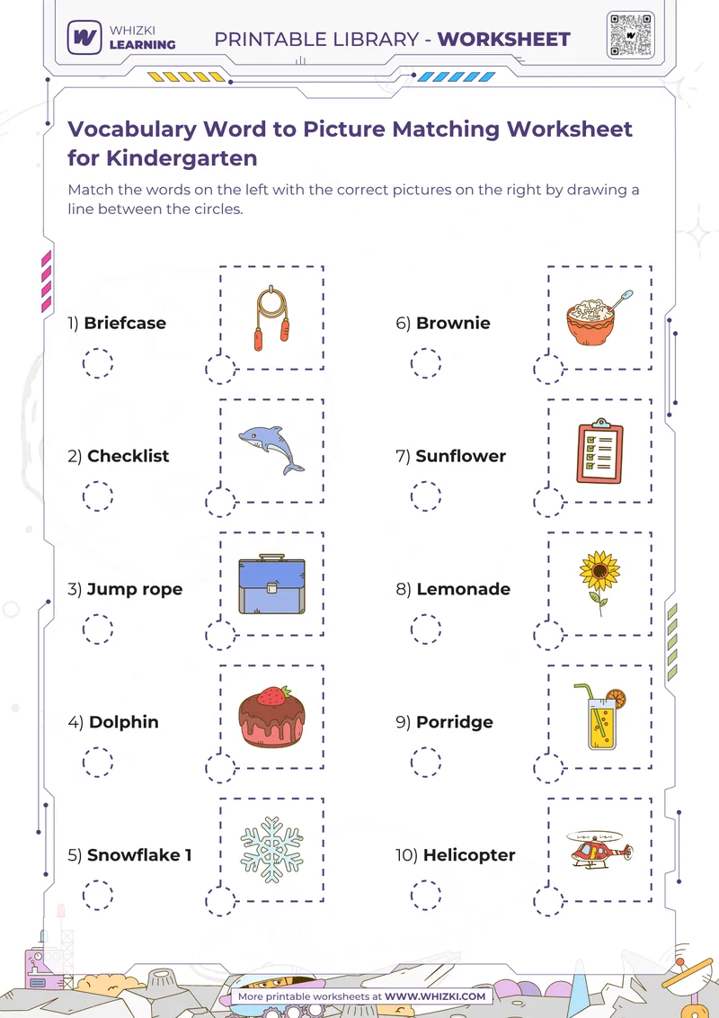 Vocabulary Word to Picture Matching Worksheet for Kindergarten