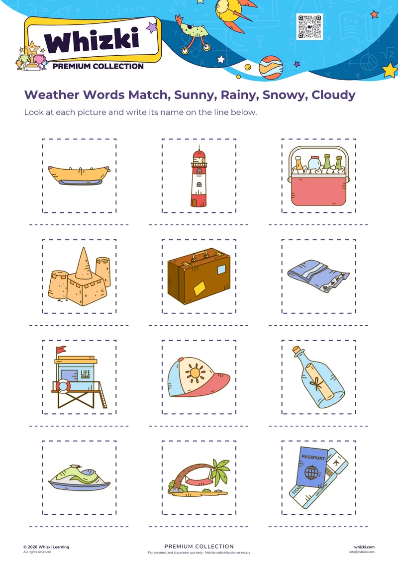Weather Words Match, Sunny, Rainy, Snowy, Cloudy