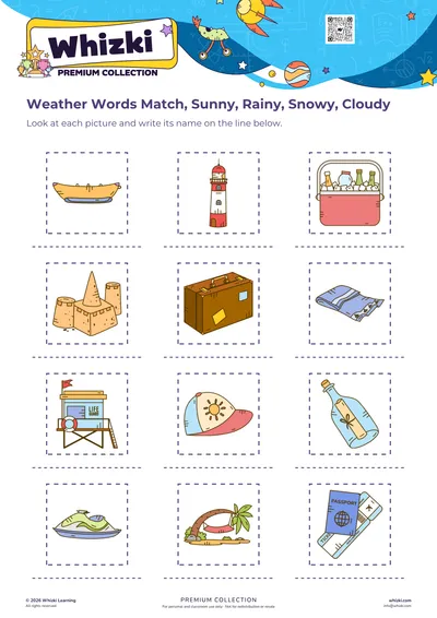 Weather Words Match, Sunny, Rainy, Snowy, Cloudy