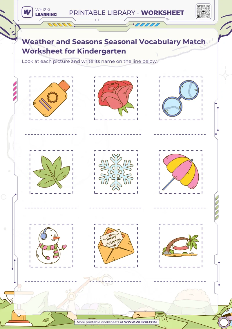 Weather and Seasons Seasonal Vocabulary Match Worksheet for Kindergarten