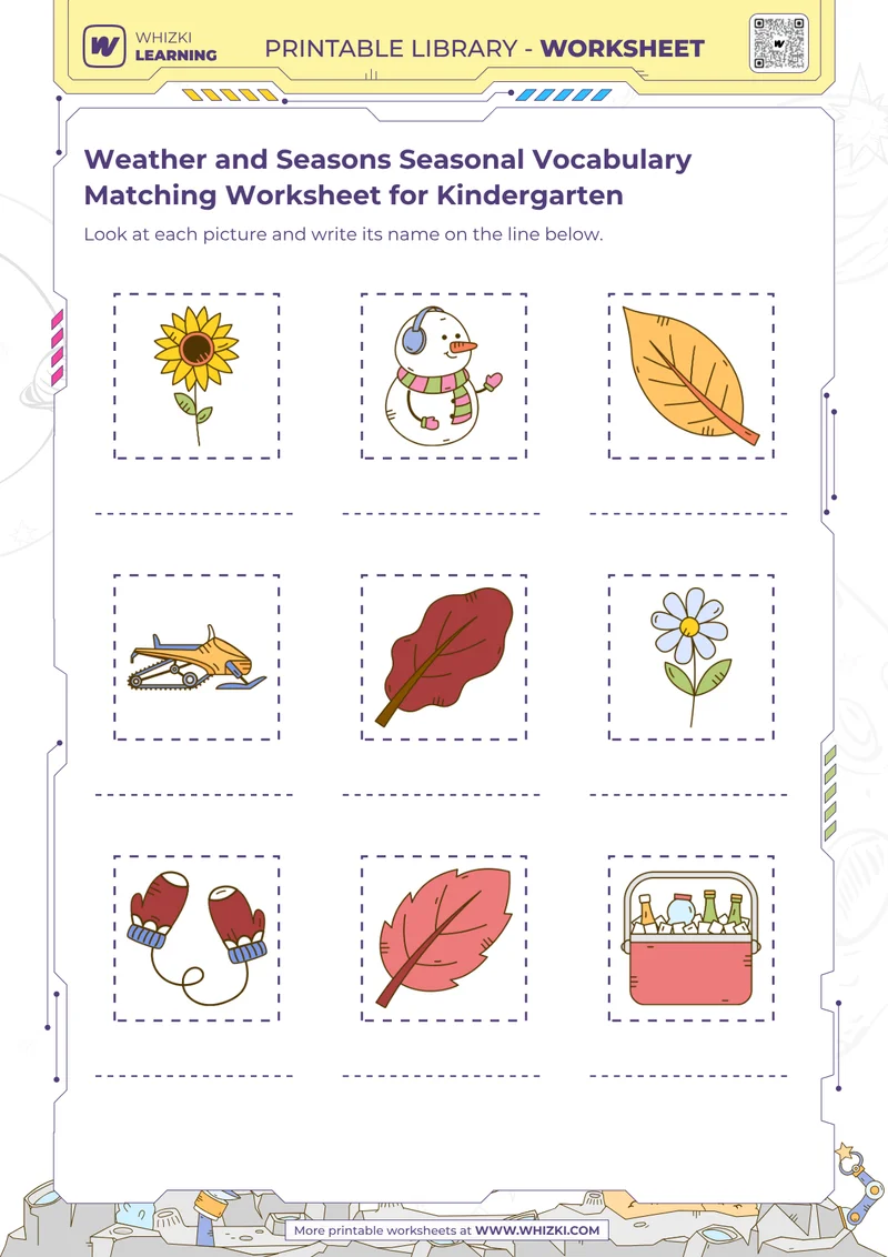 Weather and Seasons Seasonal Vocabulary Matching Worksheet for Kindergarten