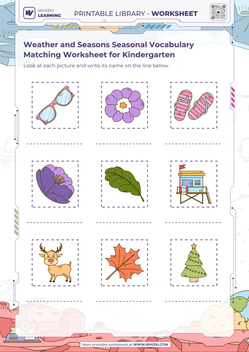 Weather and Seasons Seasonal Vocabulary Matching Worksheet for Kindergarten