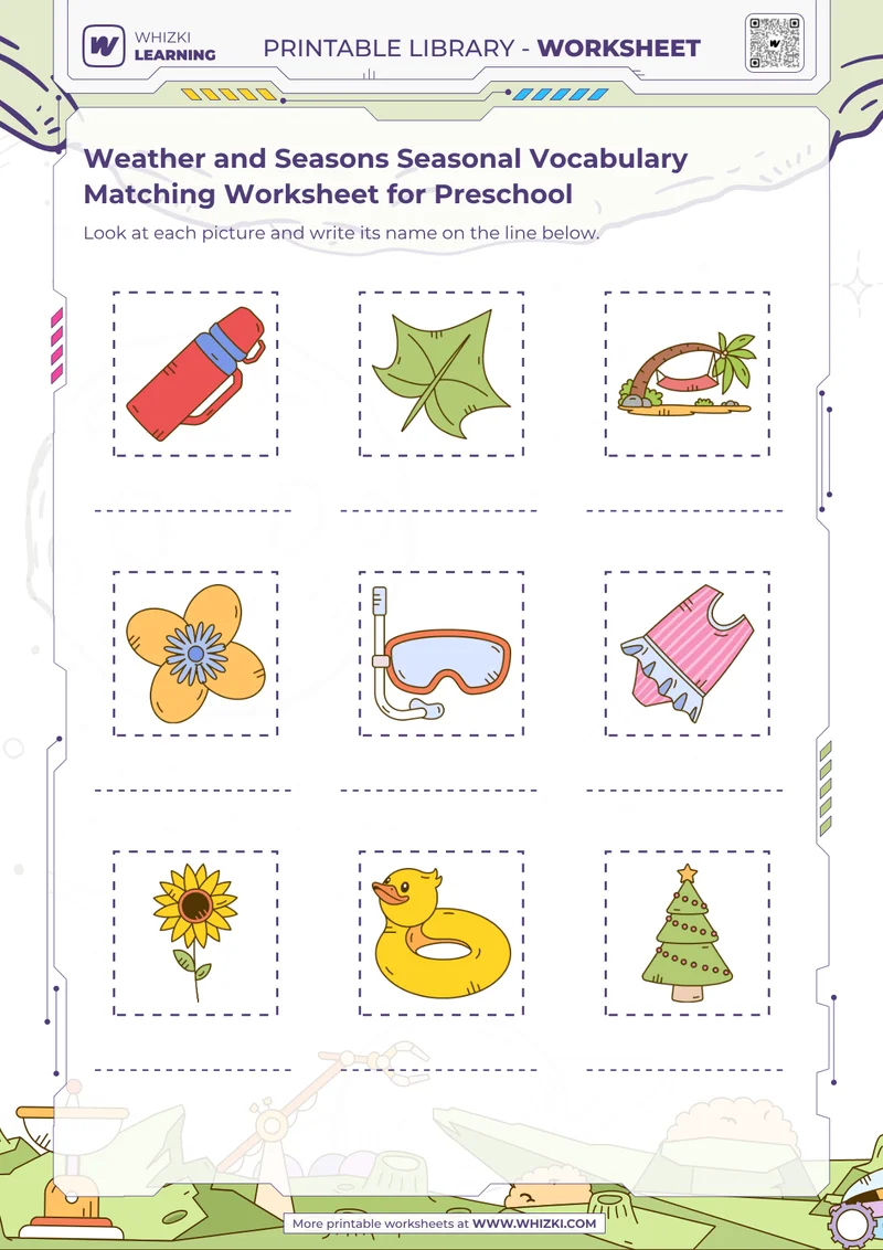 Weather and Seasons Seasonal Vocabulary Matching Worksheet for Preschool