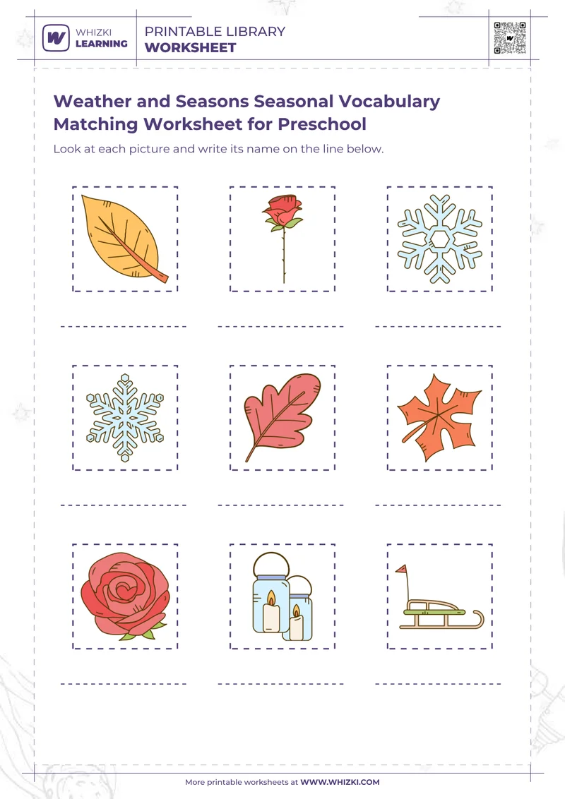 Weather and Seasons Seasonal Vocabulary Matching Worksheet for Preschool