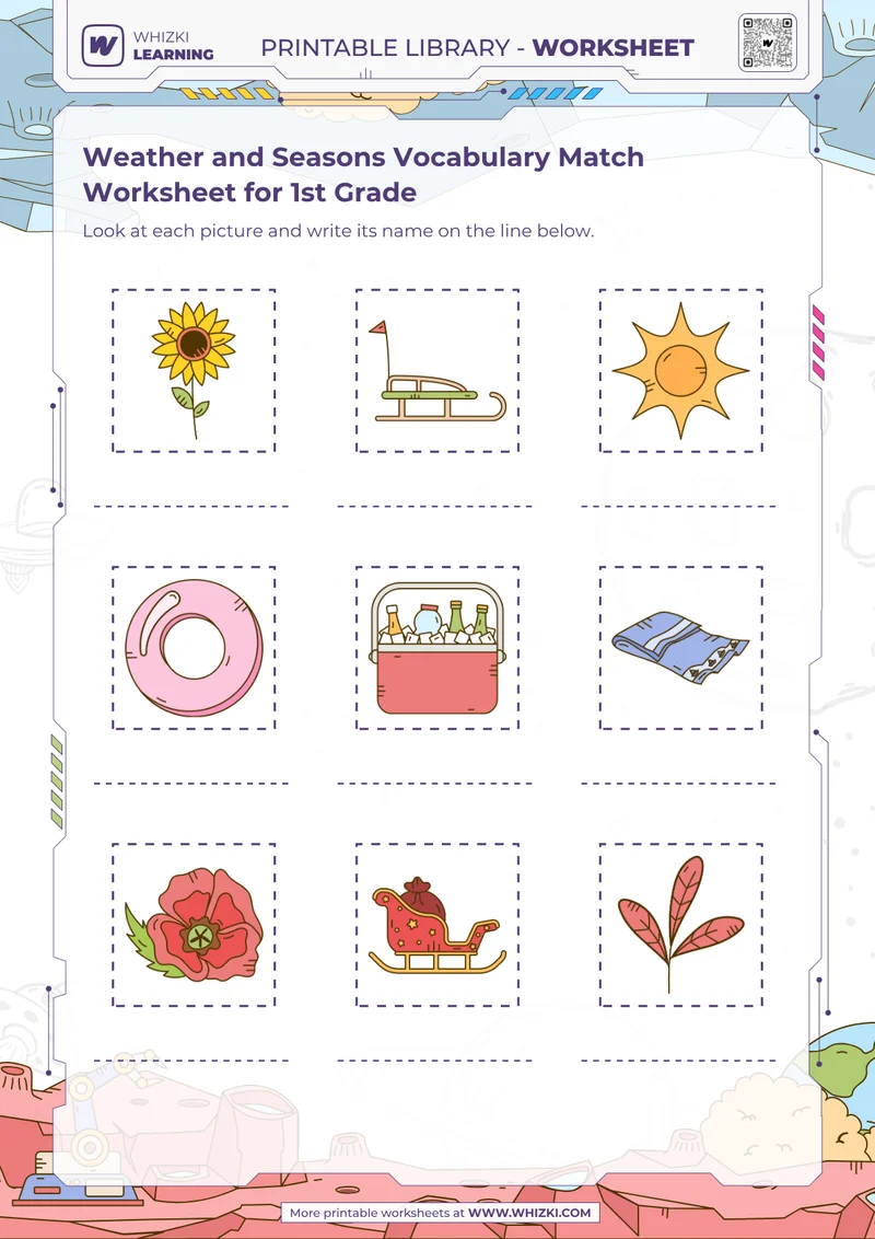 Weather and Seasons Vocabulary Match Worksheet for 1st Grade