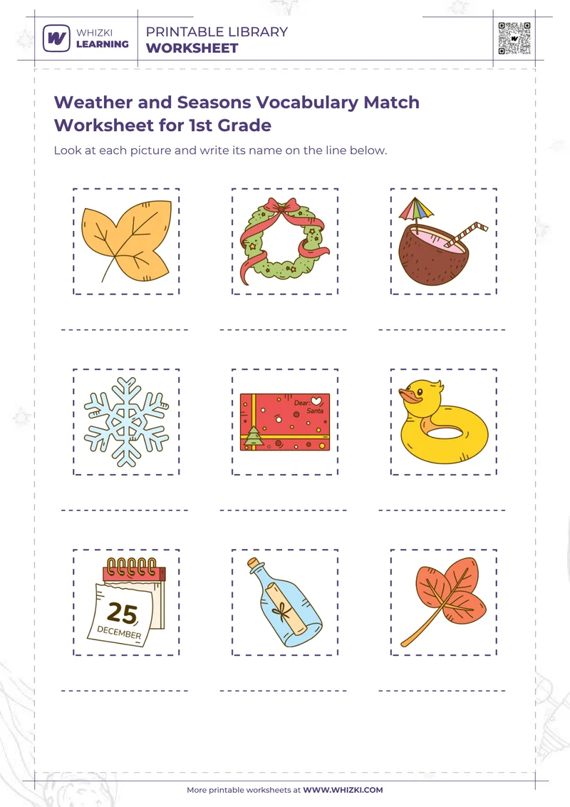 Weather and Seasons Vocabulary Match Worksheet for 1st Grade
