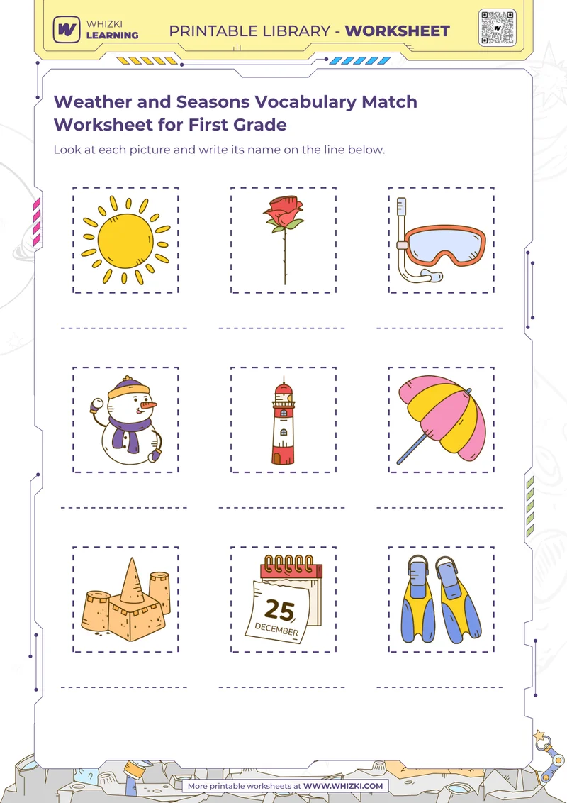 Weather and Seasons Vocabulary Match Worksheet for First Grade
