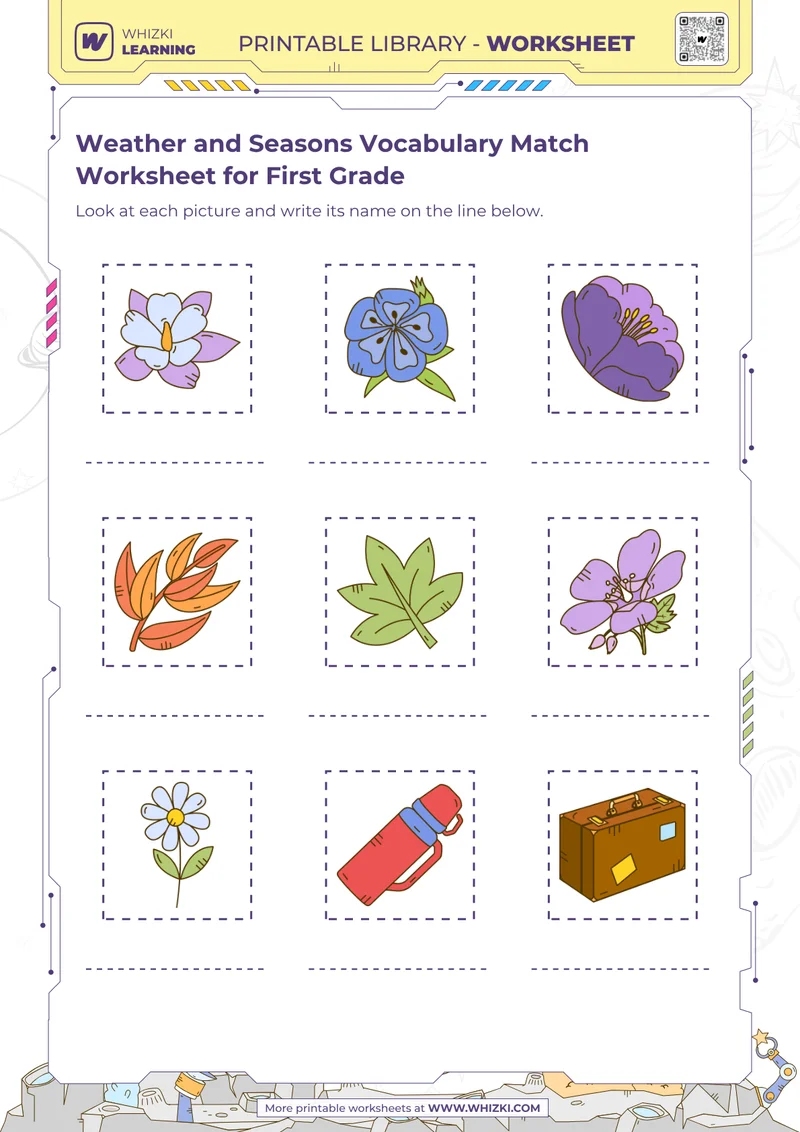 Weather and Seasons Vocabulary Match Worksheet for First Grade