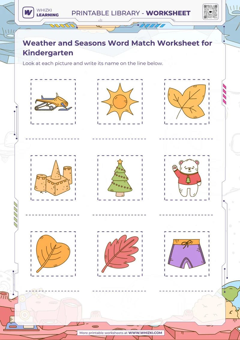 Weather and Seasons Word Match Worksheet for Kindergarten