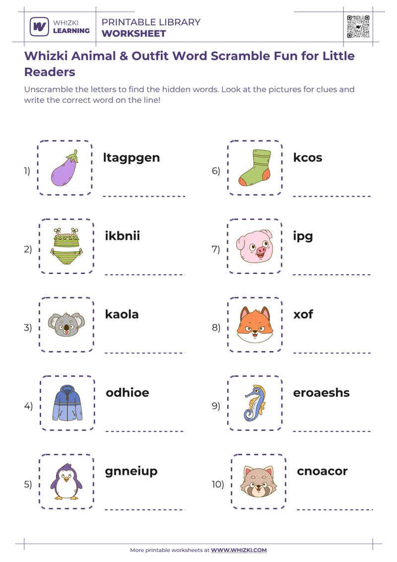 Whizki Animal & Outfit Word Scramble Fun for Little Readers