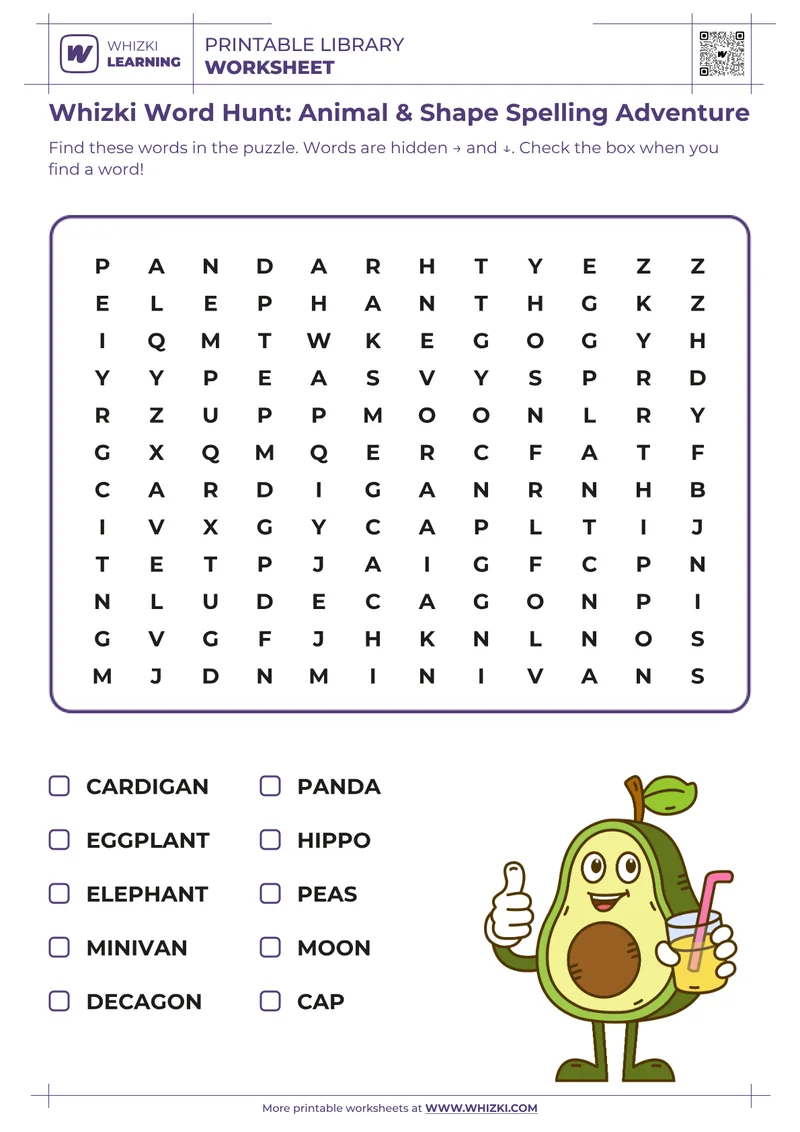 Whizki Word Hunt: Animal & Shape Spelling Adventure