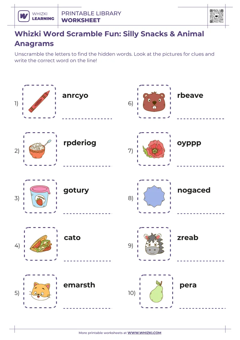 Whizki Word Scramble Fun: Silly Snacks & Animal Anagrams