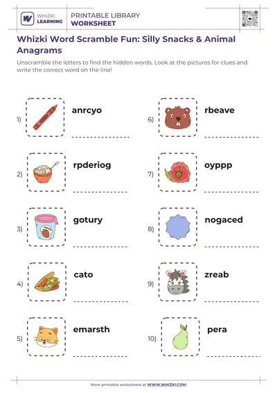 Whizki Word Scramble Fun: Silly Snacks & Animal Anagrams