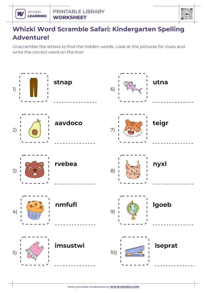 Whizki Word Scramble Safari: Kindergarten Spelling Adventure!