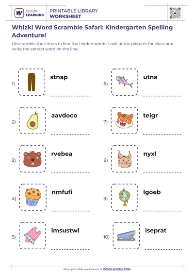 Whizki Word Scramble Safari: Kindergarten Spelling Adventure!