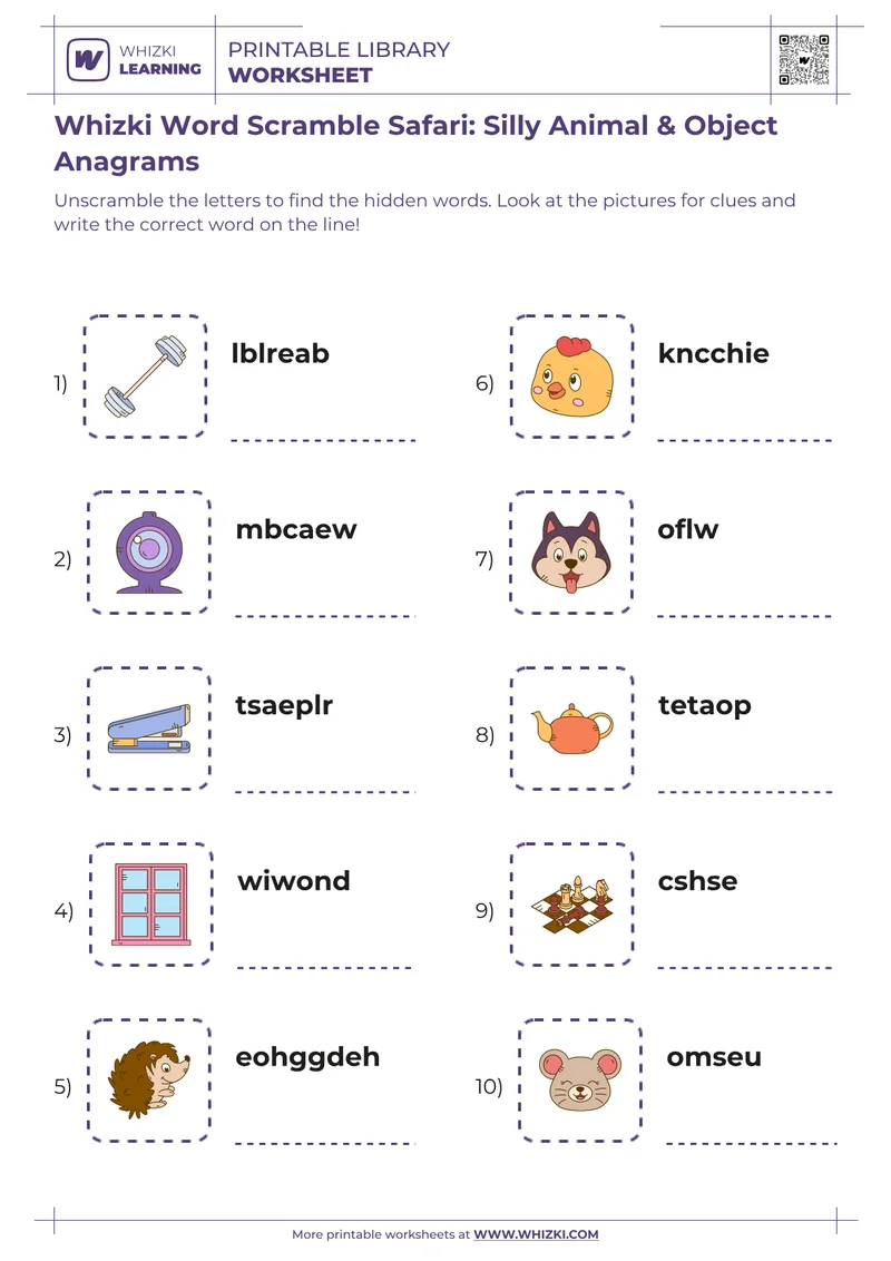 Whizki Word Scramble Safari: Silly Animal & Object Anagrams
