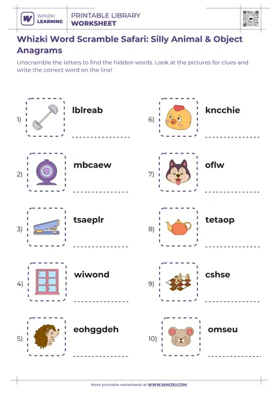 Whizki Word Scramble Safari: Silly Animal & Object Anagrams