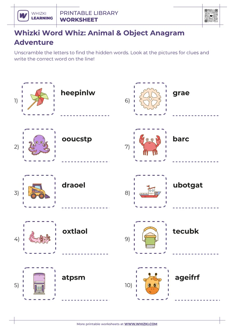 Whizki Word Whiz: Animal & Object Anagram Adventure