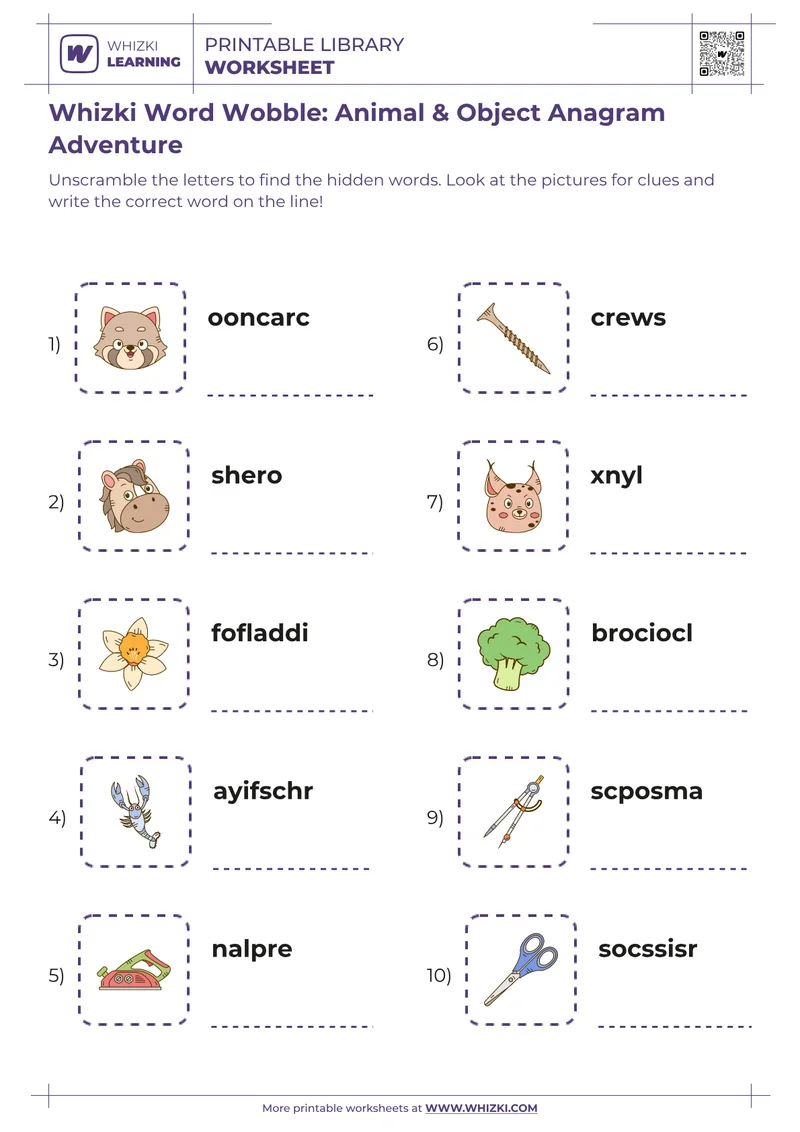 Whizki Word Wobble: Animal & Object Anagram Adventure