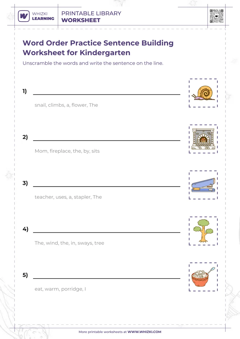 Word Order Practice Sentence Building Worksheet for Kindergarten