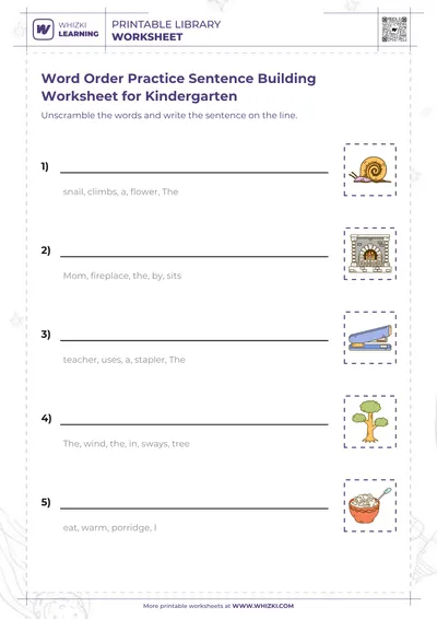 Word Order Practice Sentence Building Worksheet for Kindergarten