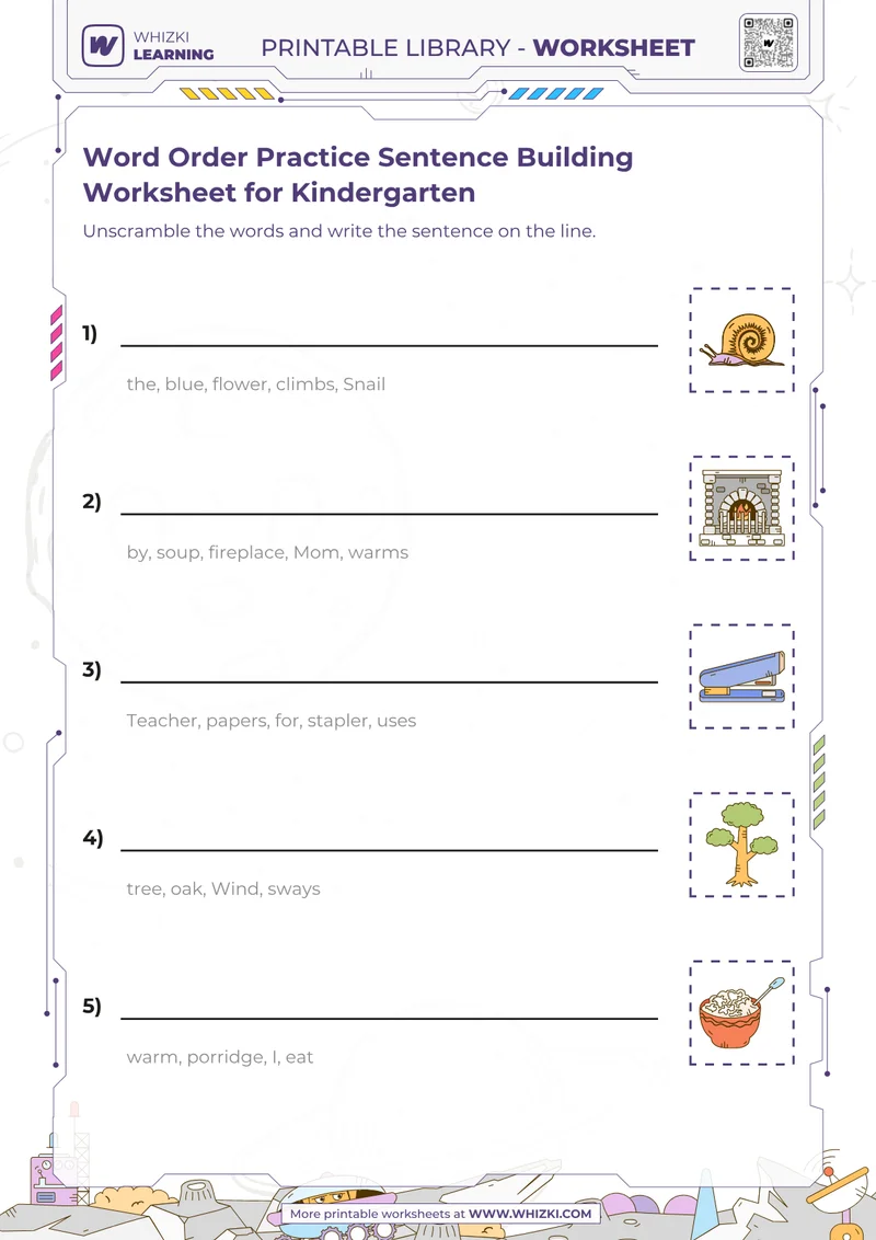 Word Order Practice Sentence Building Worksheet for Kindergarten