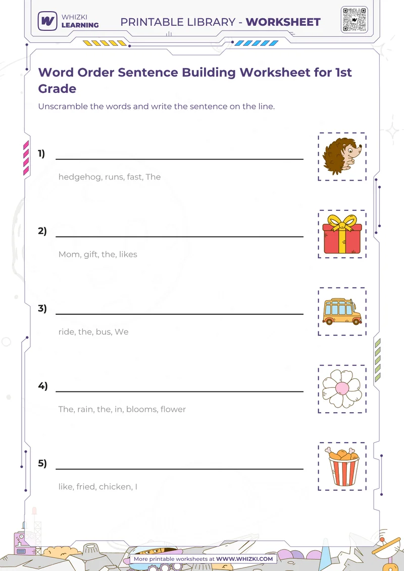 Word Order Sentence Building Worksheet for 1st Grade