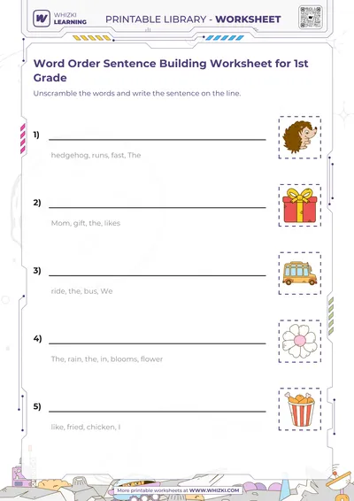Word Order Sentence Building Worksheet for 1st Grade