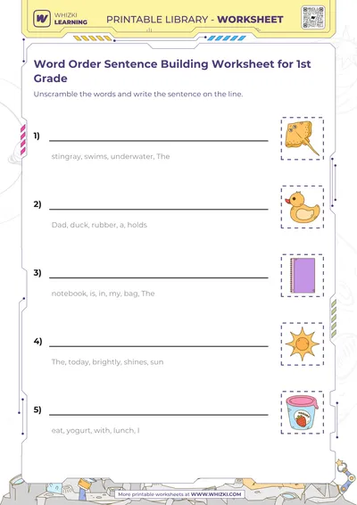 Word Order Sentence Building Worksheet for 1st Grade