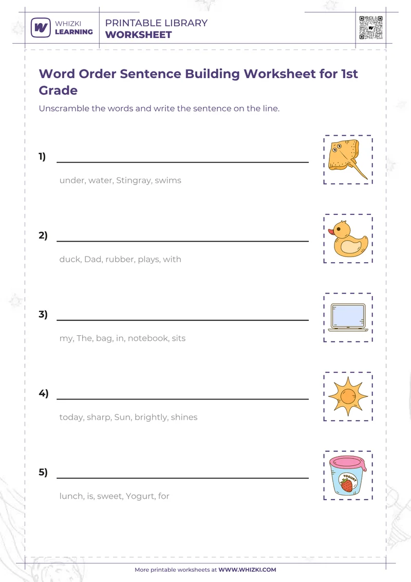 Word Order Sentence Building Worksheet for 1st Grade