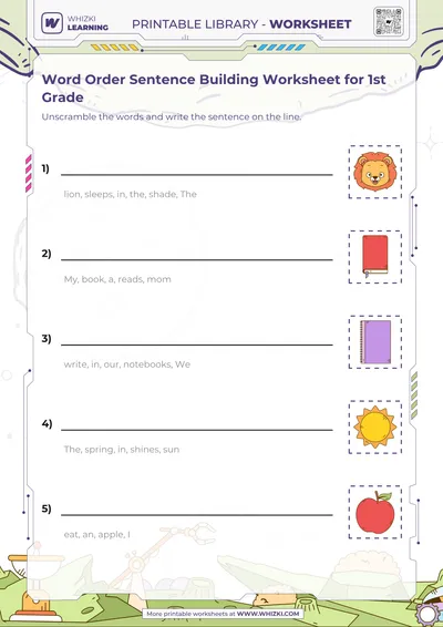 Word Order Sentence Building Worksheet for 1st Grade