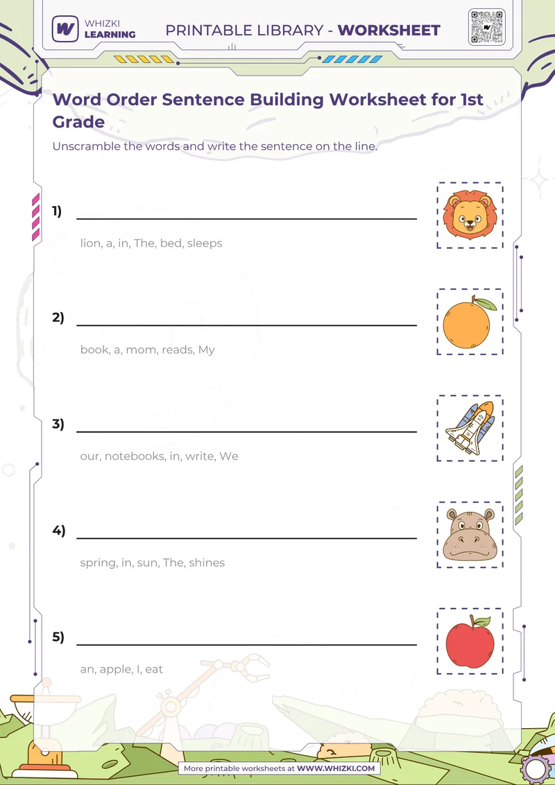 Word Order Sentence Building Worksheet for 1st Grade