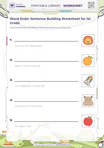 Word Order Sentence Building Worksheet for 1st Grade