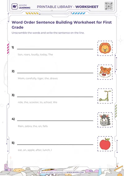 Word Order Sentence Building Worksheet for First Grade