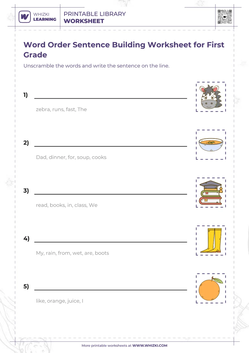 Word Order Sentence Building Worksheet for First Grade