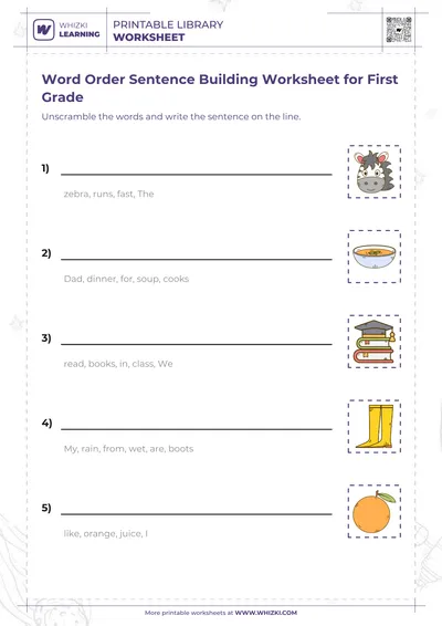 Word Order Sentence Building Worksheet for First Grade