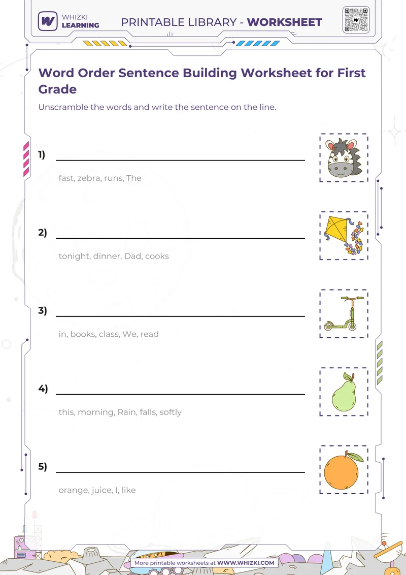 Word Order Sentence Building Worksheet for First Grade